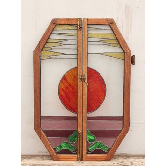 夕日に松　ステンドガラス窓１対　GD515