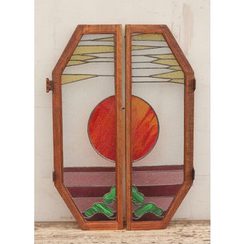 夕日に松　ステンドガラス窓１対　GD515 