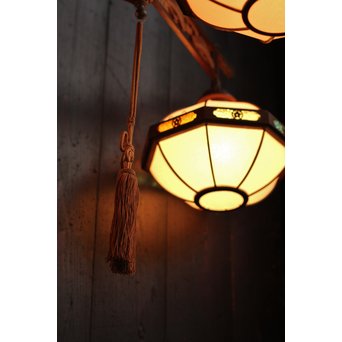 宣徳色と多彩色ガラスの3灯シャンデリア照明　A1268 