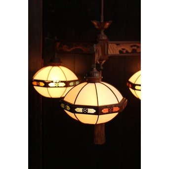 宣徳色と多彩色ガラスの3灯シャンデリア照明　A1268 