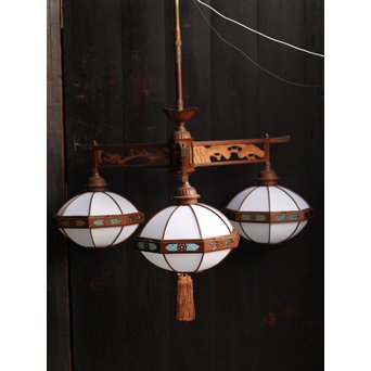 宣徳色と多彩色ガラスの3灯シャンデリア照明　A1268 