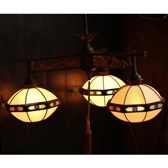 宣徳色と多彩色ガラスの3灯シャンデリア照明　A1268 