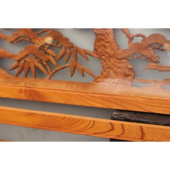 硝子入欅枠の木彫欄間 2枚1組　R1390 