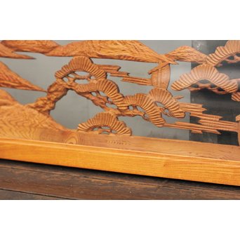 硝子入欅枠の木彫欄間 2枚1組　R1390 