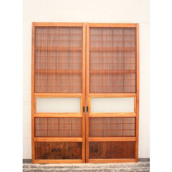墨絵とプレスガラスの細身格子戸　2枚1組　L593