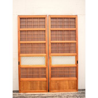 墨絵とプレスガラスの細身格子戸　2枚1組　L593 