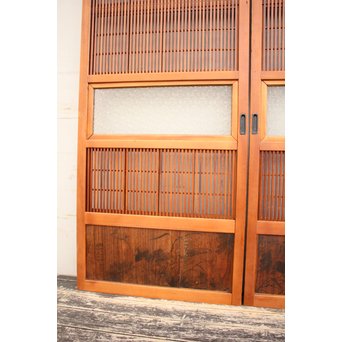 墨絵とプレスガラスの細身格子戸　2枚1組　L593 