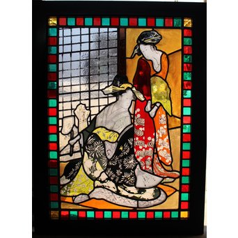 絵付けと腐食硝子の芸者ステンドガラス　GD767