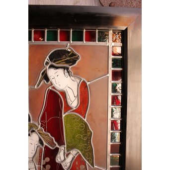 絵付けと腐食硝子の芸者ステンドガラス　GD767 
