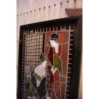 絵付けと腐食硝子の芸者ステンドガラス　GD767 