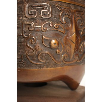 古青銅器風饕餮紋宣徳大火鉢/瓶掛　H444 