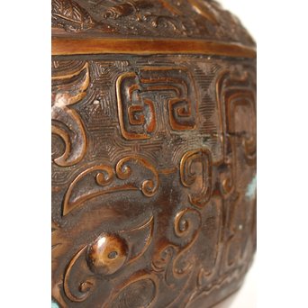 古青銅器風饕餮紋宣徳大火鉢/瓶掛　H444 