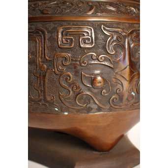 古青銅器風饕餮紋宣徳大火鉢/瓶掛　H444 