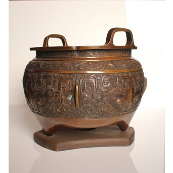 古青銅器風饕餮紋宣徳大火鉢/瓶掛　H444