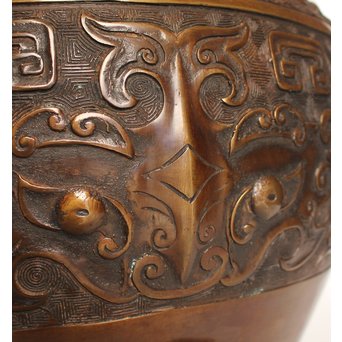 古青銅器風饕餮紋宣徳大火鉢/瓶掛　H444 