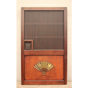 象嵌肉厚扇真鍮金具総欅上杢格子蔵戸　W436