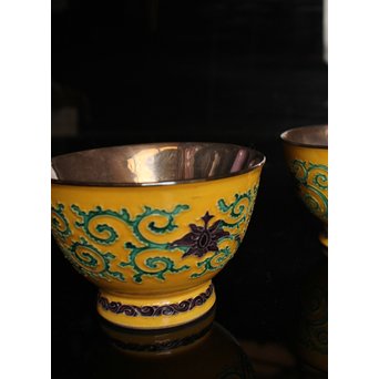 永楽造　黄交趾内銀張盃洗一対　S2698 