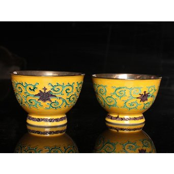 永楽造　黄交趾内銀張盃洗一対　S2698