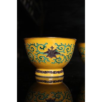 永楽造　黄交趾内銀張盃洗一対　S2698 