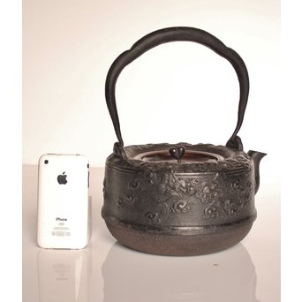 龍文堂安之介造 蓋裏花押入 岩肌道安形鉄瓶　H451 