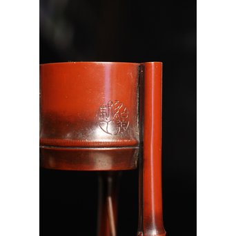 猩々堂紹美造　緋銅竹式燭台一対　J2328 