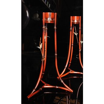 猩々堂紹美造　緋銅竹式燭台一対　J2328 