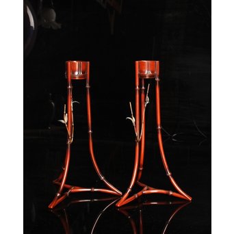 猩々堂紹美造　緋銅竹式燭台一対　J2328