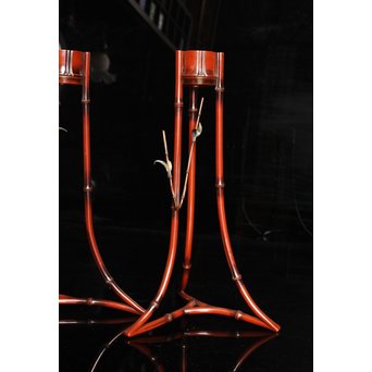 猩々堂紹美造　緋銅竹式燭台一対　J2328 