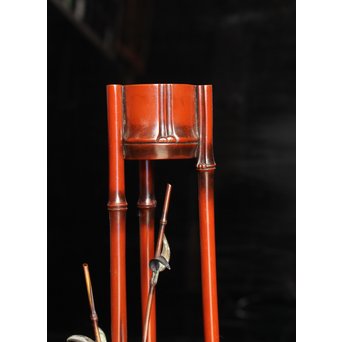 猩々堂紹美造　緋銅竹式燭台一対　J2328 