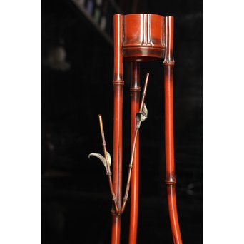 猩々堂紹美造　緋銅竹式燭台一対　J2328 