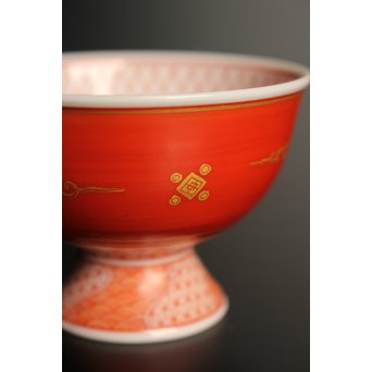 福島武山 赤網手杯 共箱 共布　S2866 