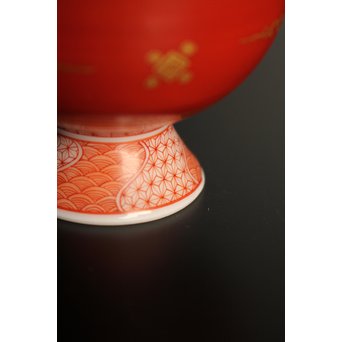 福島武山 赤網手杯 共箱 共布　S2866 