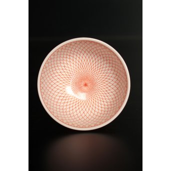 福島武山 赤網手杯 共箱 共布　S2866 