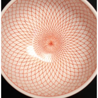 福島武山 赤網手杯 共箱 共布　S2866 