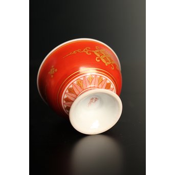 福島武山 赤網手杯 共箱 共布　S2866 