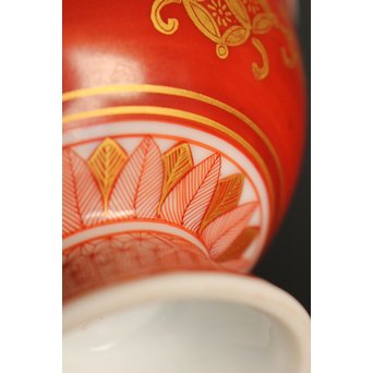 福島武山 赤網手杯 共箱 共布　S2866 