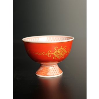 福島武山 赤網手杯 共箱 共布　S2866 