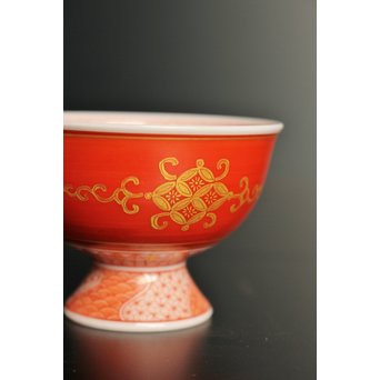 福島武山 赤網手杯 共箱 共布　S2866 