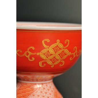 福島武山 赤網手杯 共箱 共布　S2866 