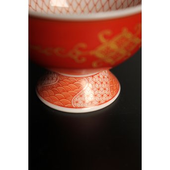 福島武山 赤網手杯 共箱 共布　S2866 