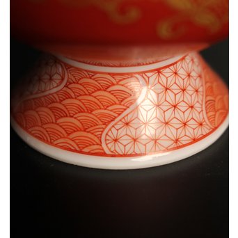 福島武山 赤網手杯 共箱 共布　S2866 