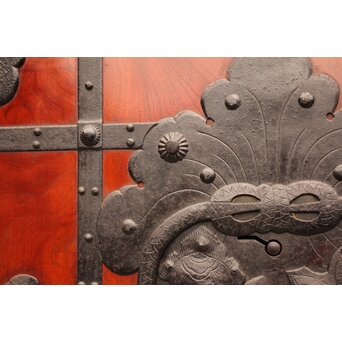 天地腰板巾着金具玉杢総欅格子蔵戸　W516Y 