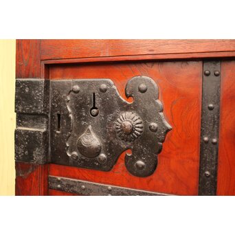 天地腰板巾着金具玉杢総欅格子蔵戸　W516Y 