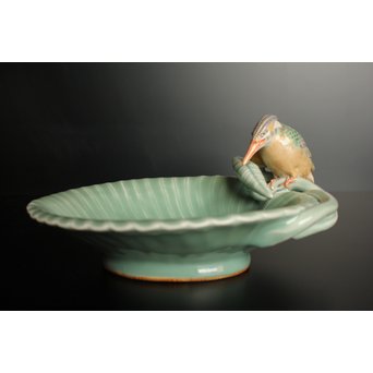 三代 真葛香山/宮川香山 青磁釉河骨二翡翠 菓子器　K402 