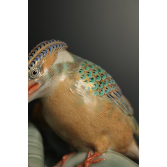 三代 真葛香山/宮川香山 青磁釉河骨二翡翠 菓子器　K402 