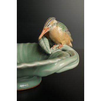 三代 真葛香山/宮川香山 青磁釉河骨二翡翠 菓子器　K402 