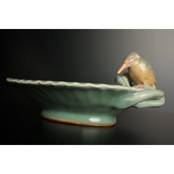 三代 真葛香山/宮川香山 青磁釉河骨二翡翠 菓子器　K402 