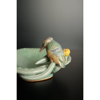 三代 真葛香山/宮川香山 青磁釉河骨二翡翠 菓子器　K402 