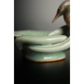 三代 真葛香山/宮川香山 青磁釉河骨二翡翠 菓子器　K402 