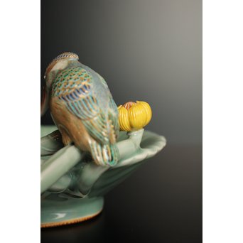 三代 真葛香山/宮川香山 青磁釉河骨二翡翠 菓子器　K402 